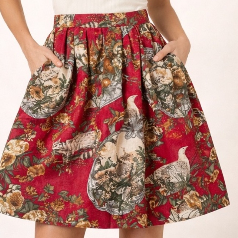 Vintage Joyce’s Hand knit Mini/Knee Skirt POCKETS Whimsical Toile Animal print S